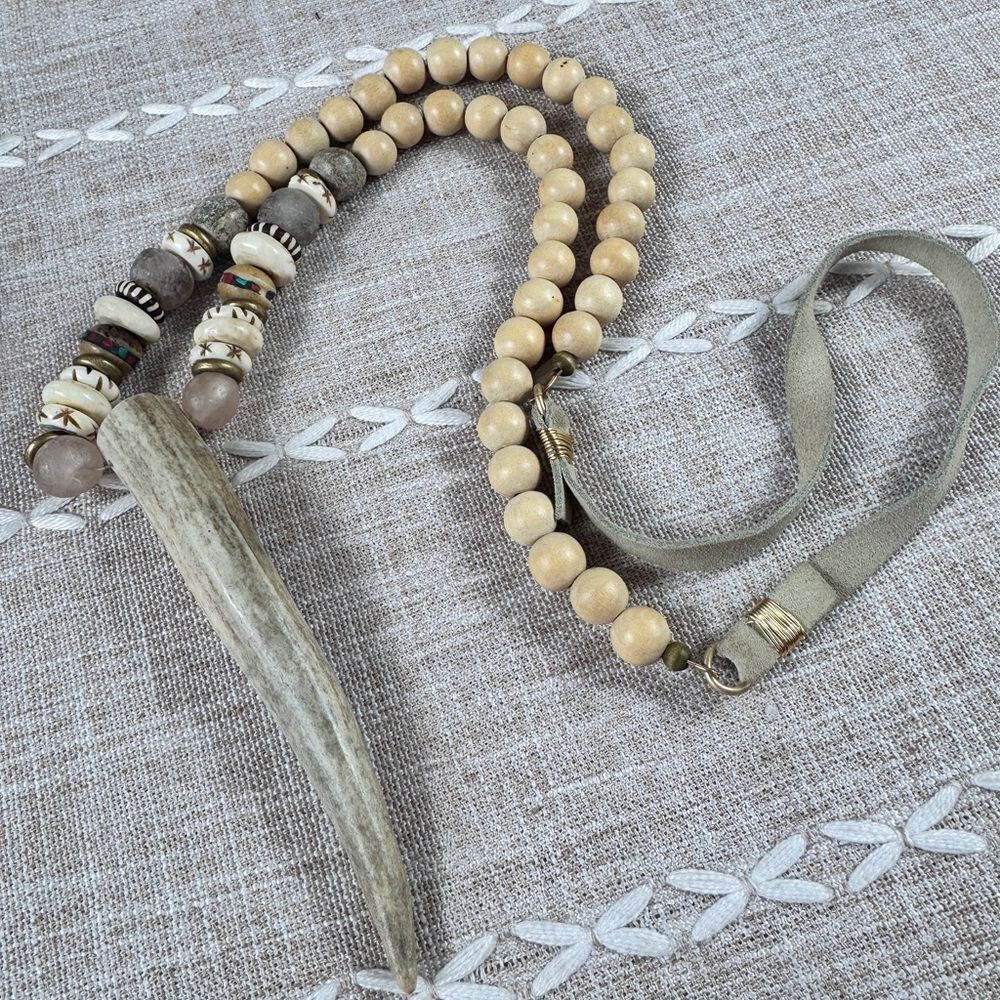 Wood Beaded Necklace with Horn Pendant